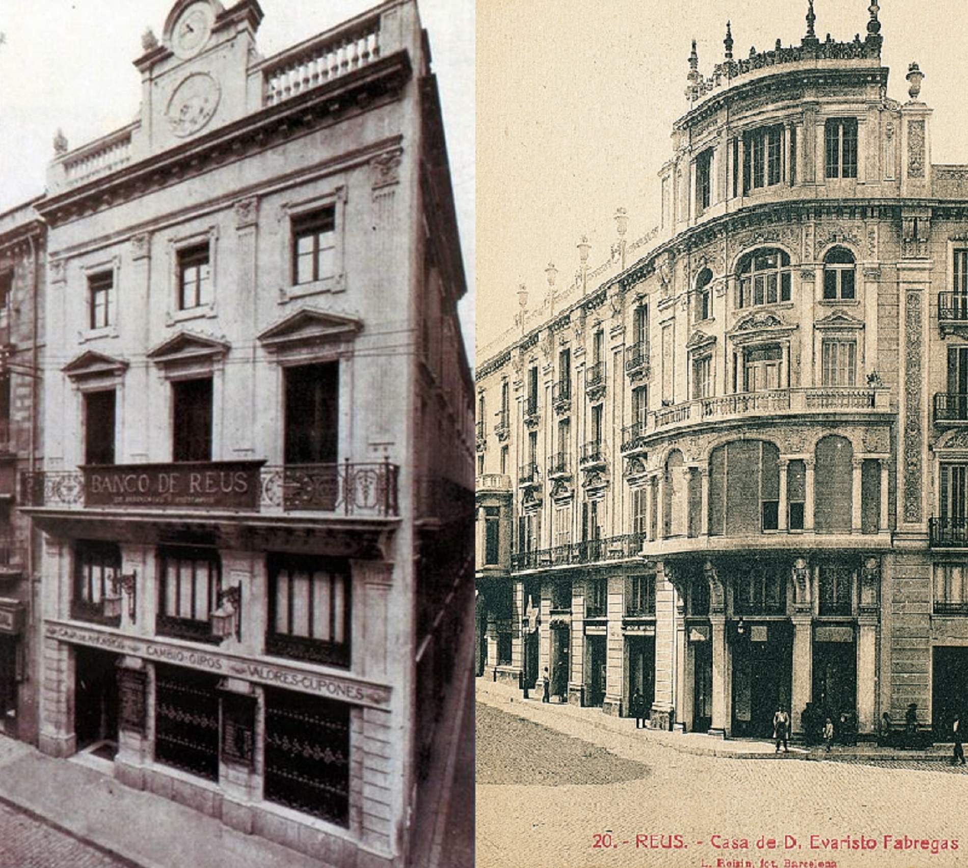 Seu central del Banc de Reus i casa d'Evarist Fàbregas, màxim accionista del banc. Font Wikimedia Commons i Enciclopèdia Catalana