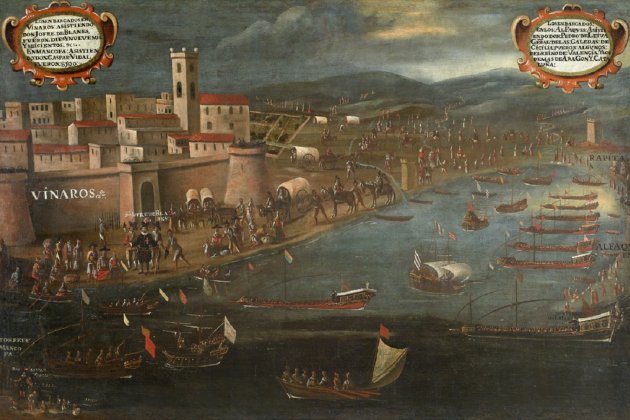 Felip III signa el decret d'expulsió dels moriscos. Embarcament de moriscos al port de Vinaròs