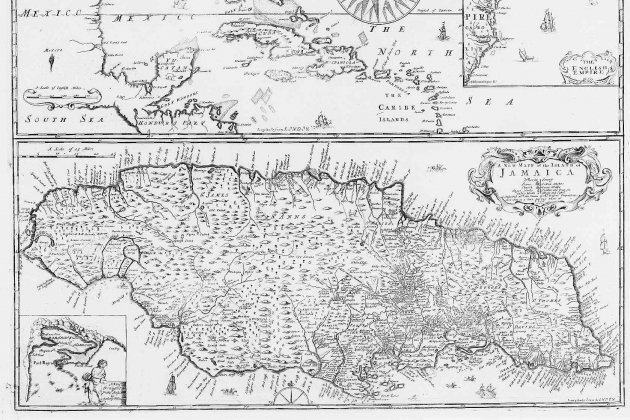 Los catalanes de Colón desembarcan en Jamaica. Mapa de Jamaica (1685)