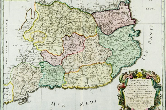 Mapa francés del Principado de Catalunya (con el Rosellón). Medios del siglo XVII