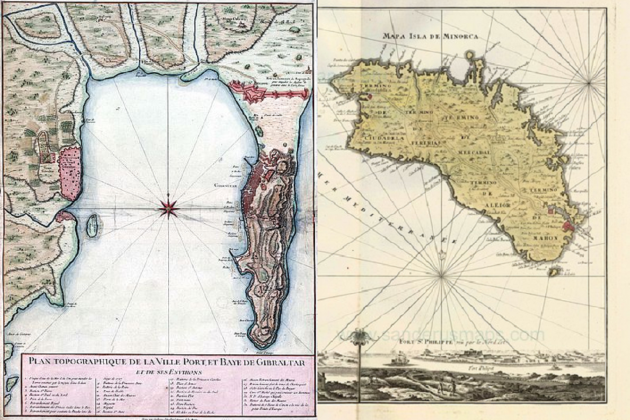 Pacto de los Vicenses. Mapas de Gibraltar y de Menorca. Siglo XVIII