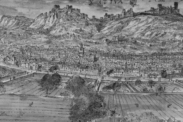 Los valencianos en el asedio de Barcelona de 1714. Grabado de Játiva antes de la destrucción borbónica. Fuente Ayuntamiento de Játiva