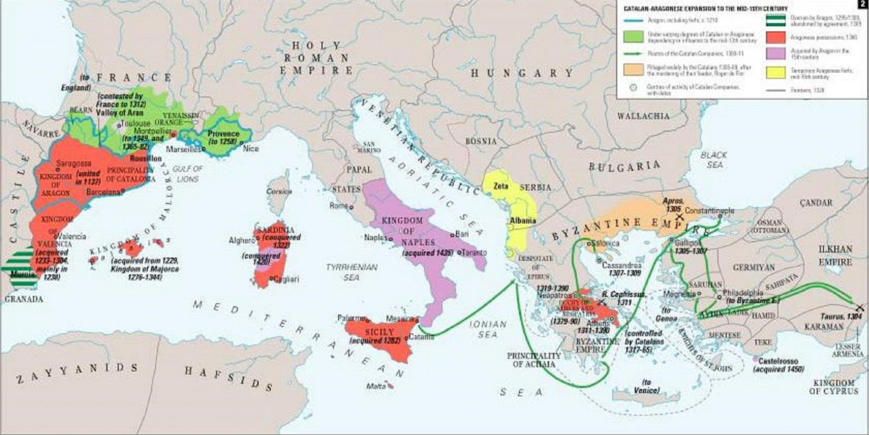 Desperta Ferro. Pere el gran desembarca a Sicilia. Mapa expansió marítima catalano aragonesa. Font Wikimedia Commons
