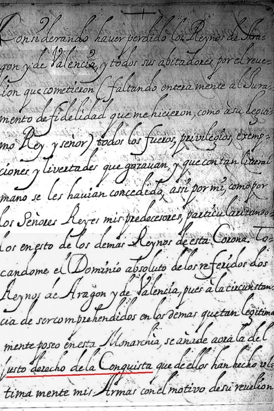 Muere Francesc de Castellví. Manuscrito del Primer Decreto de Nueva Planta (1707). Fuente Archivo Histórico Nacional de España