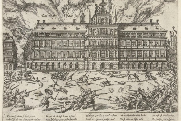 Litografia coetània (2). Saqueig d'Anvers  (1586). Font: Wikimedia Commons