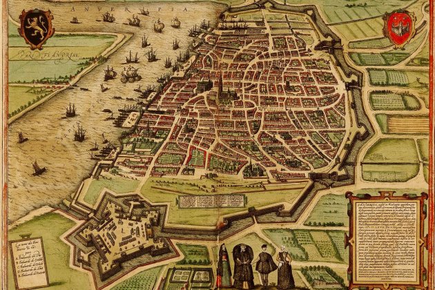 Plano coetáneo de Amberes (1572). Fuente: Wikimedia Commons