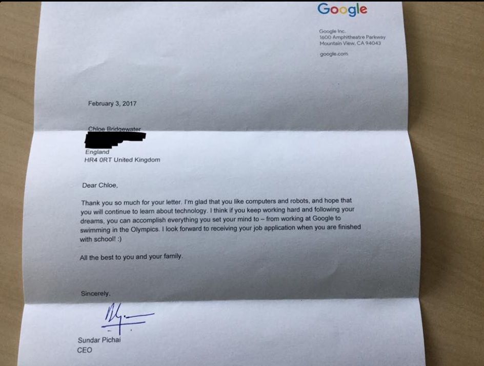 Una niña de 7 años pide trabajo en Google y el CEO le contesta