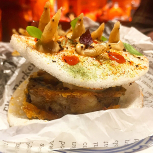 Dorayaki de cerdo ibérico con gambas Dorayaki de cerdo ibérico con gambas