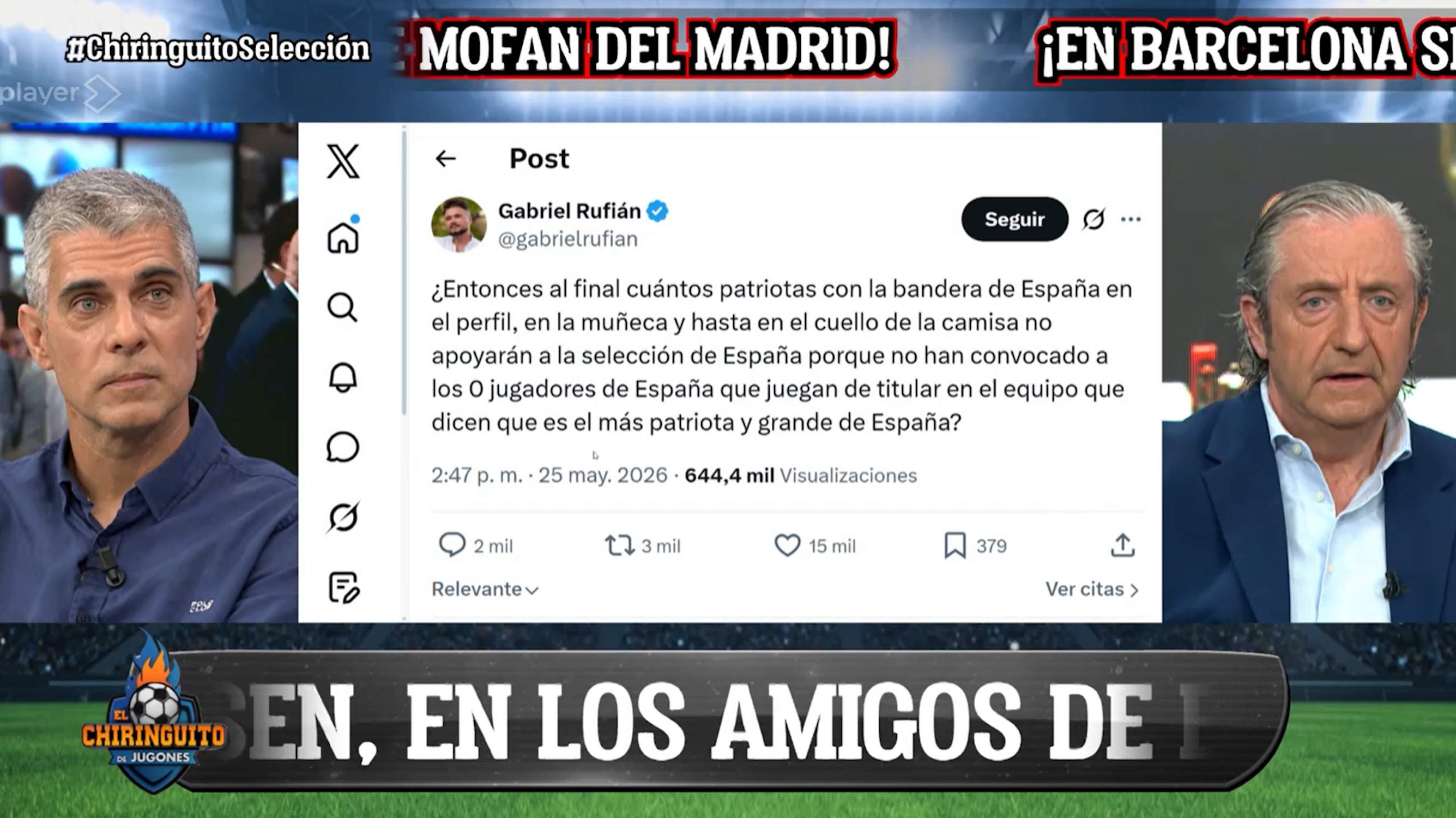 Rufián alborota El Chiringuito, qué dice de la Roja y los "patriotas": reacciones iradas, hablan de esteladas