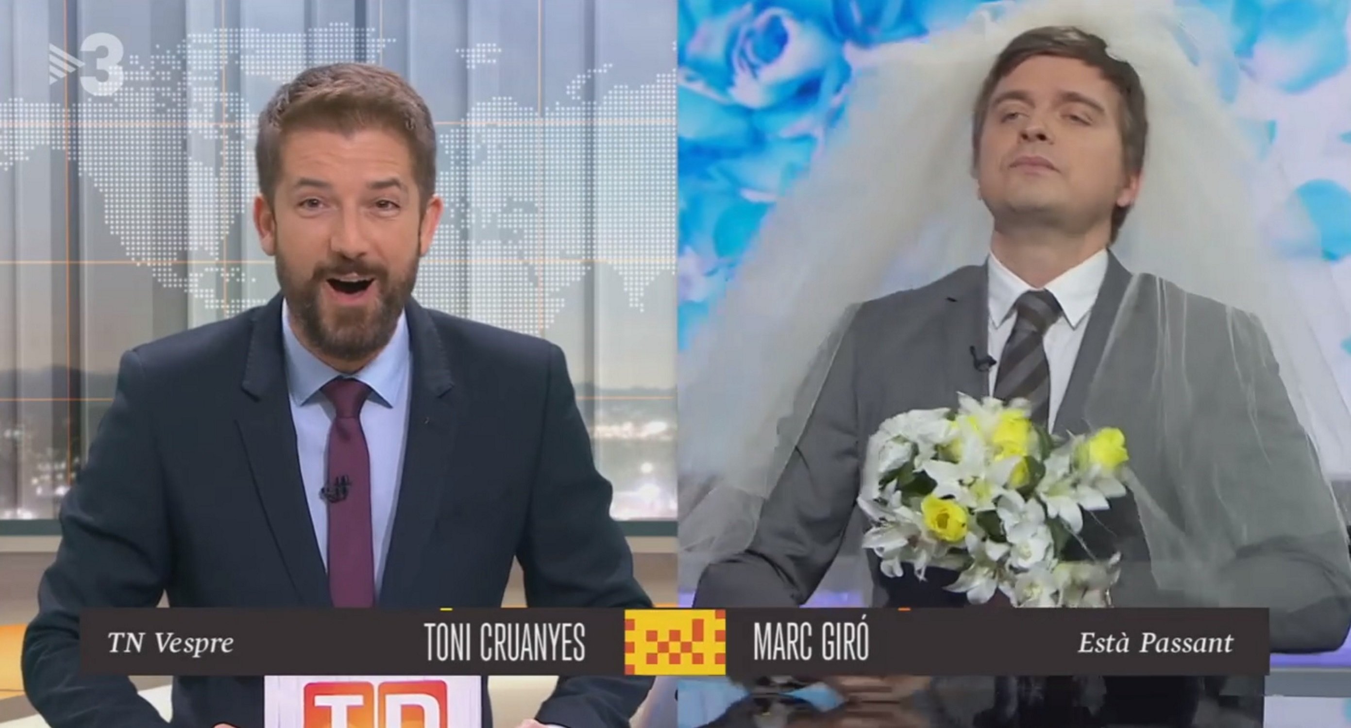 Marc Giró, de novia, le pide matrimonio a un presentador de TV3 en un gag hilarante