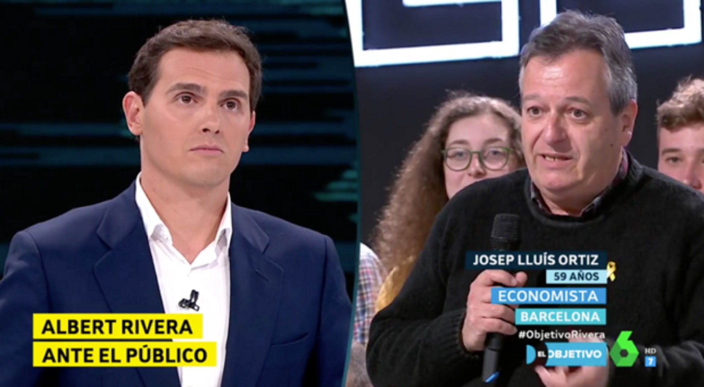 El mastegot d'un espectador amb un llaç groc a un Rivera arrogant a La Sexta