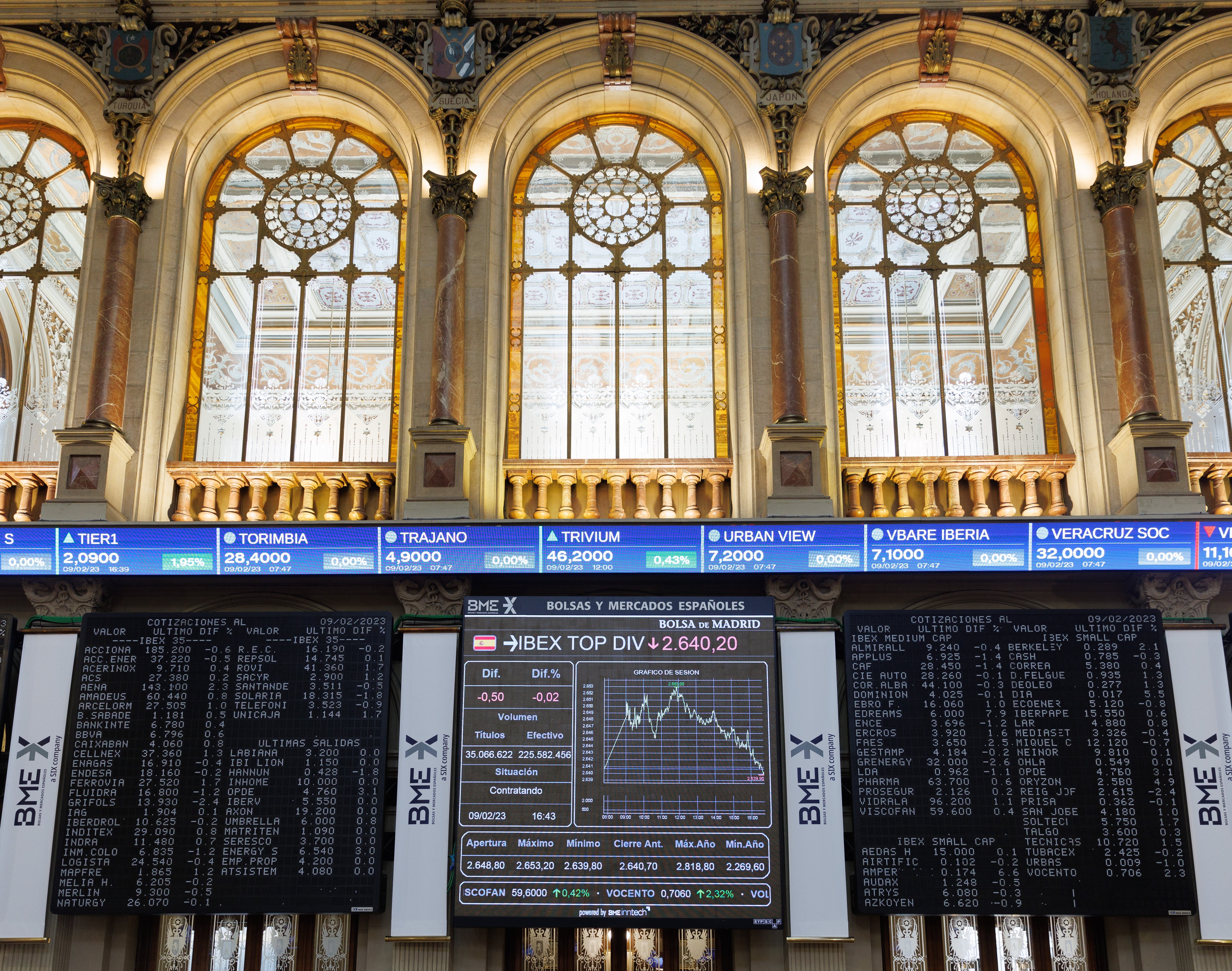 Panel del IBEX en el palacio de la Bolsa de Madrid 