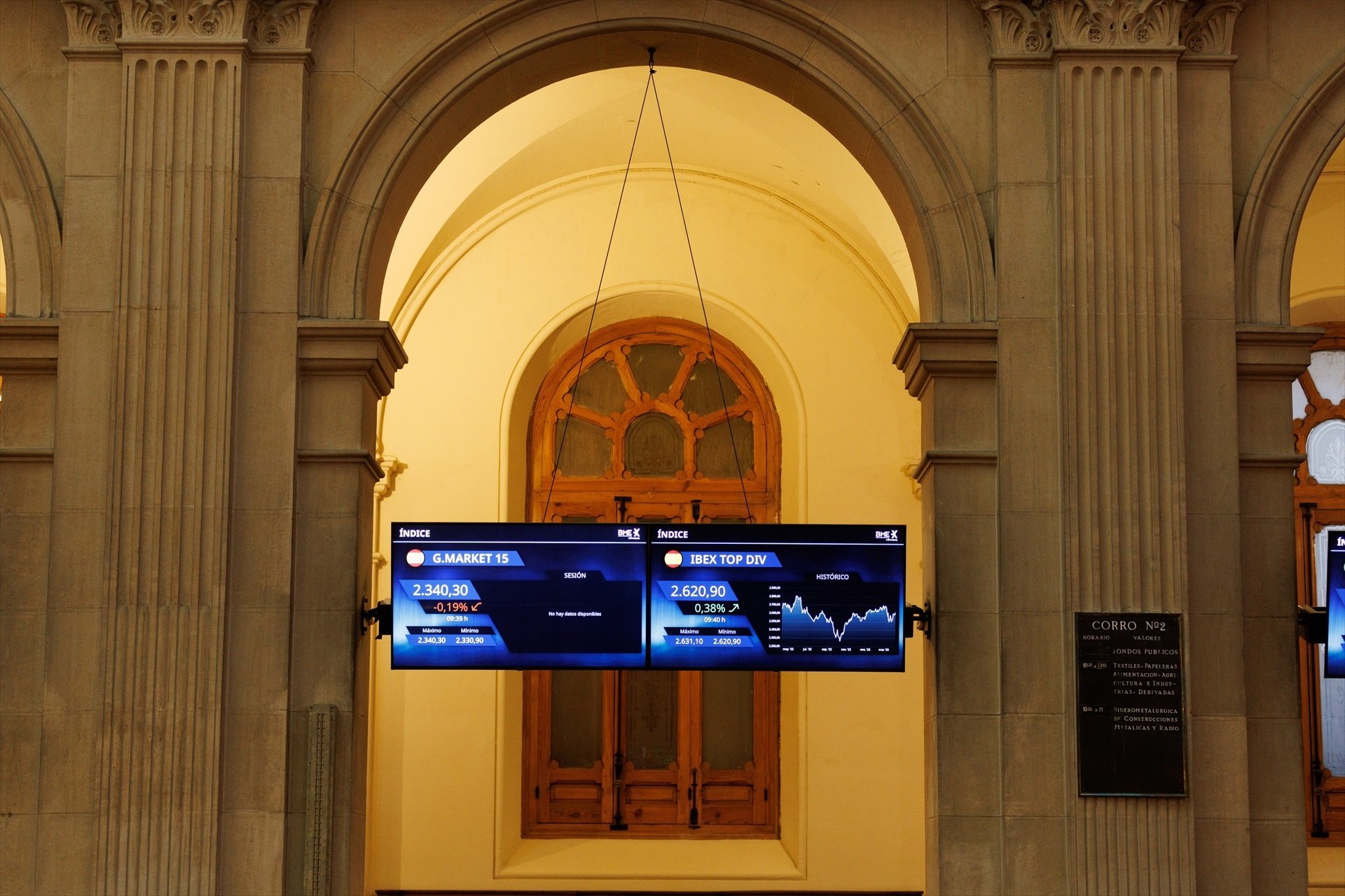 Dos paneles del IBEX 35 en el Palacio de la Bolsa de Madrid