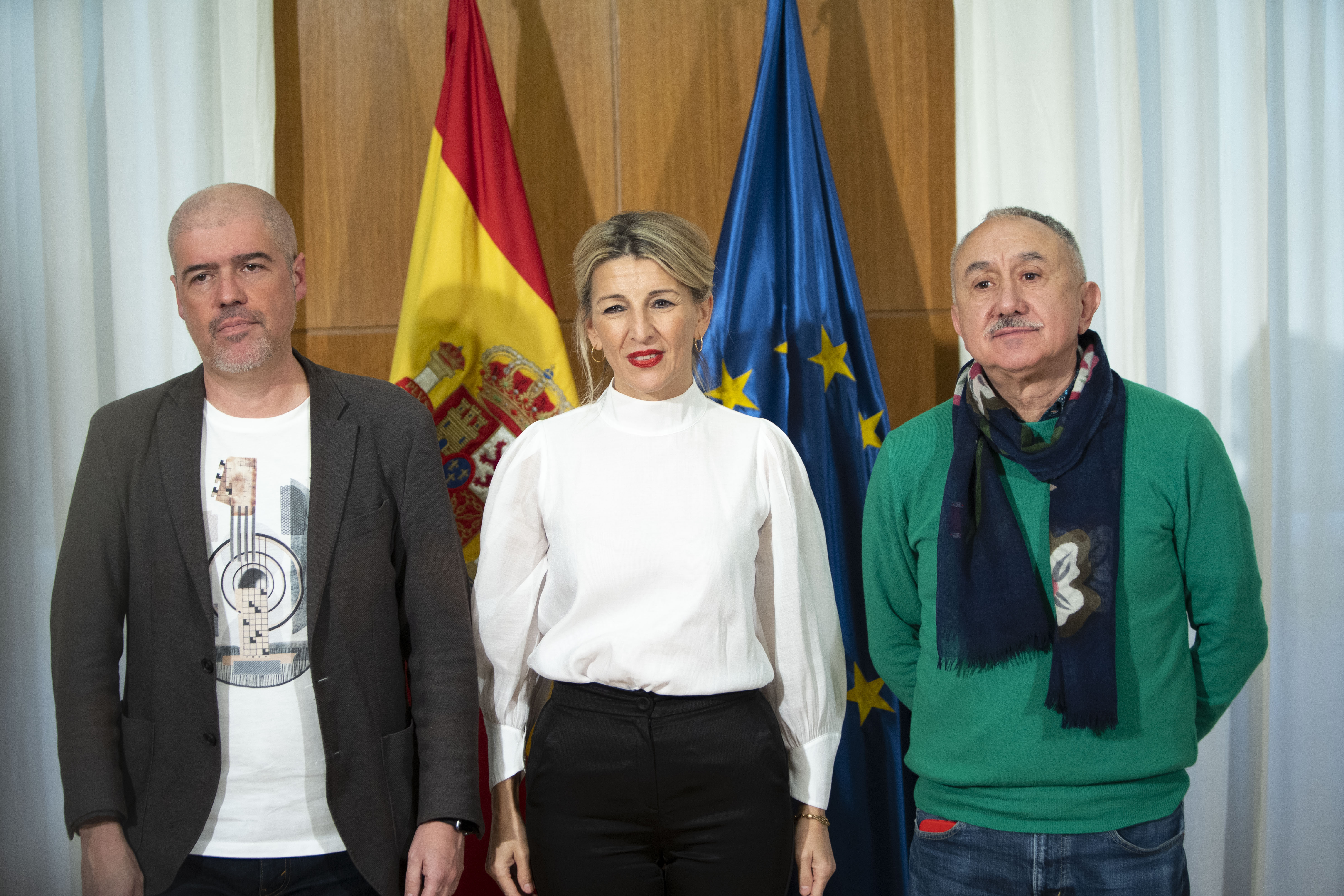 Yolanda Diaz, con Unai Sorda y Pepe Álvarez