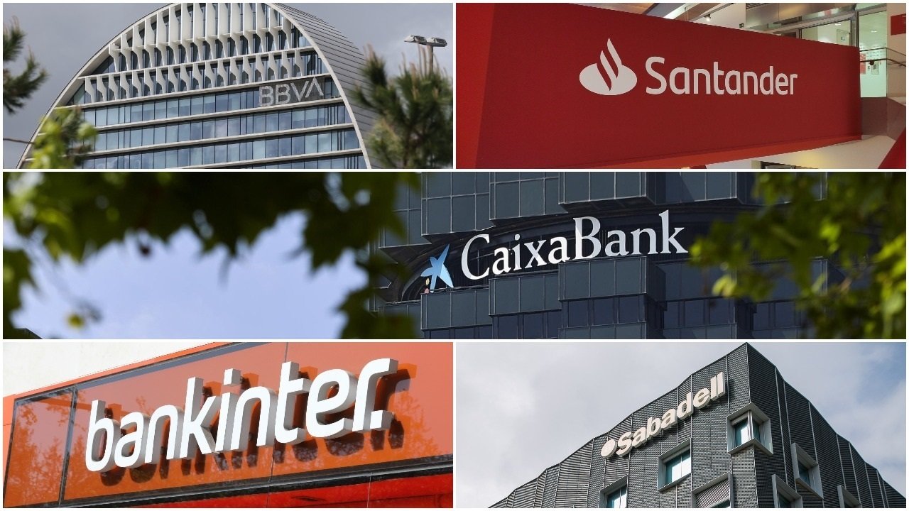 Fachada de BBVA, Santander, CaixaBank, Bankinter y Sabadell