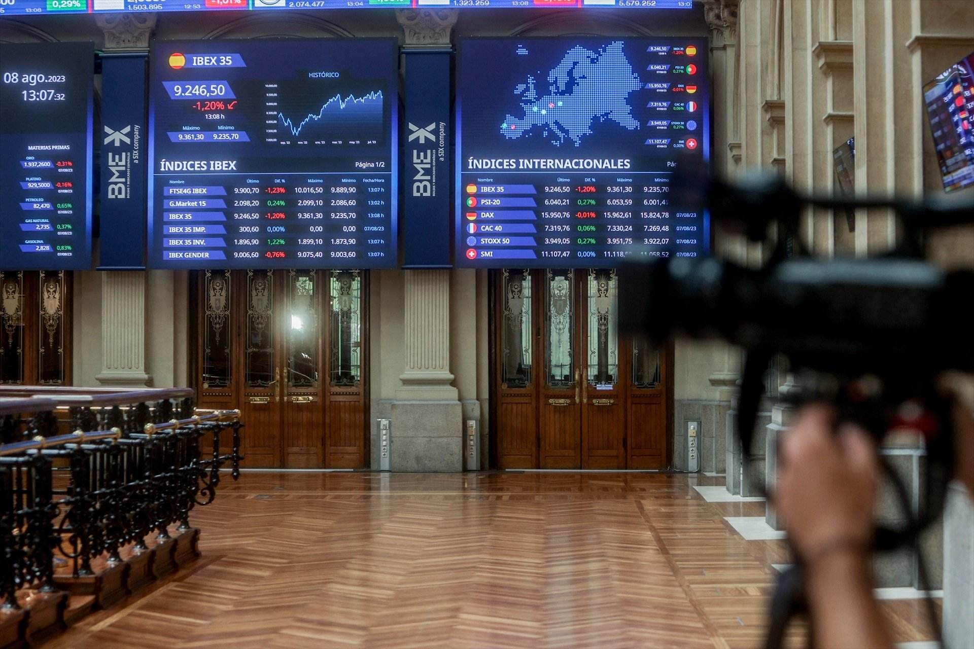 EuropaPress 5372954 paneles muestran indices bursatiles interior palacio bolsa agosto 2023
