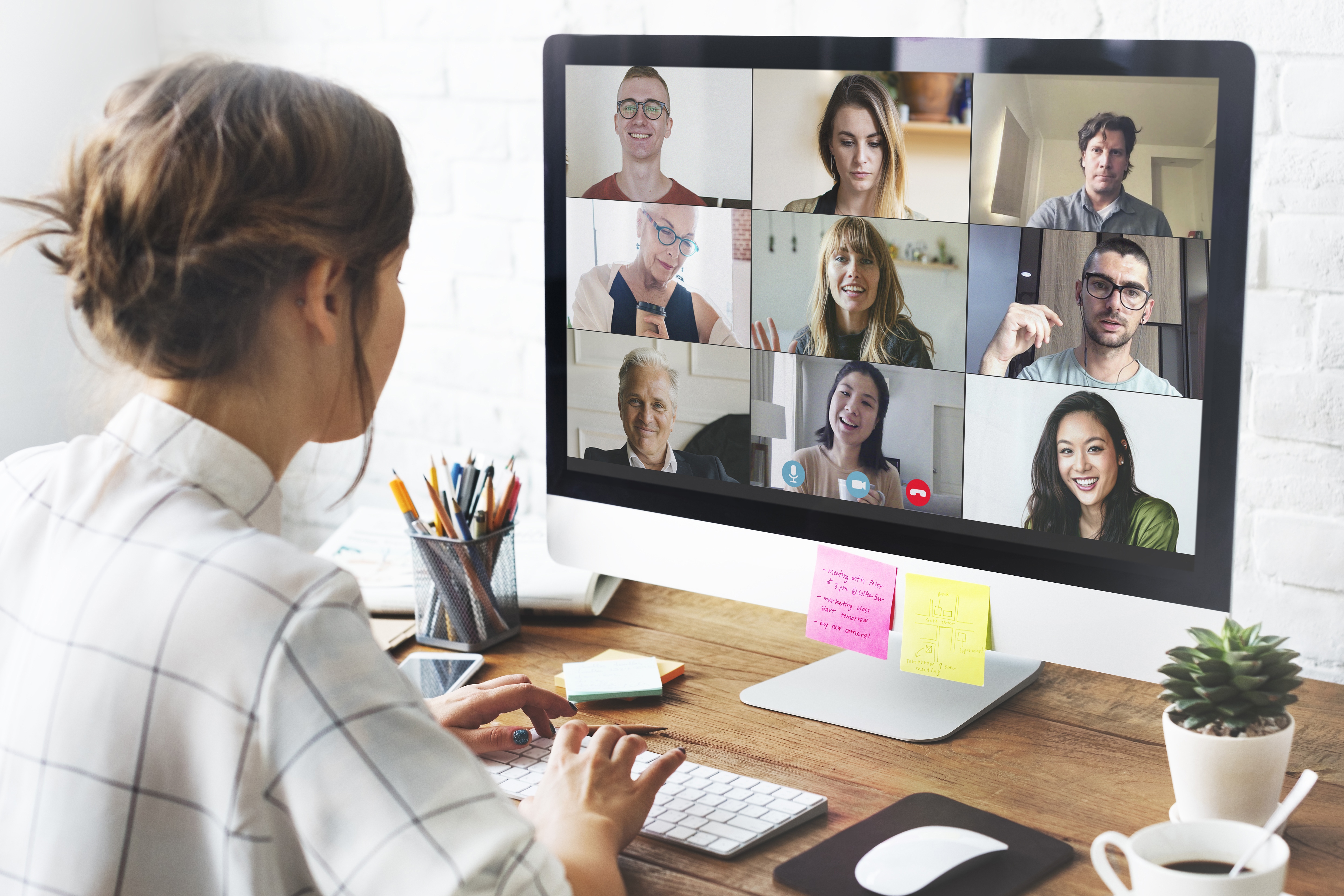 woman video conference call her home office during coronavirus pandemic