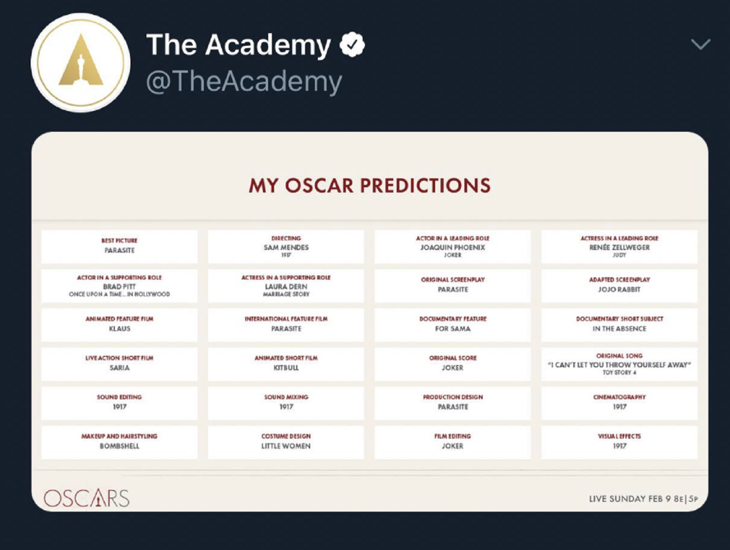 Tuit borrado: ¿la Academia ya ha publicado a los ganadores de los Óscar?