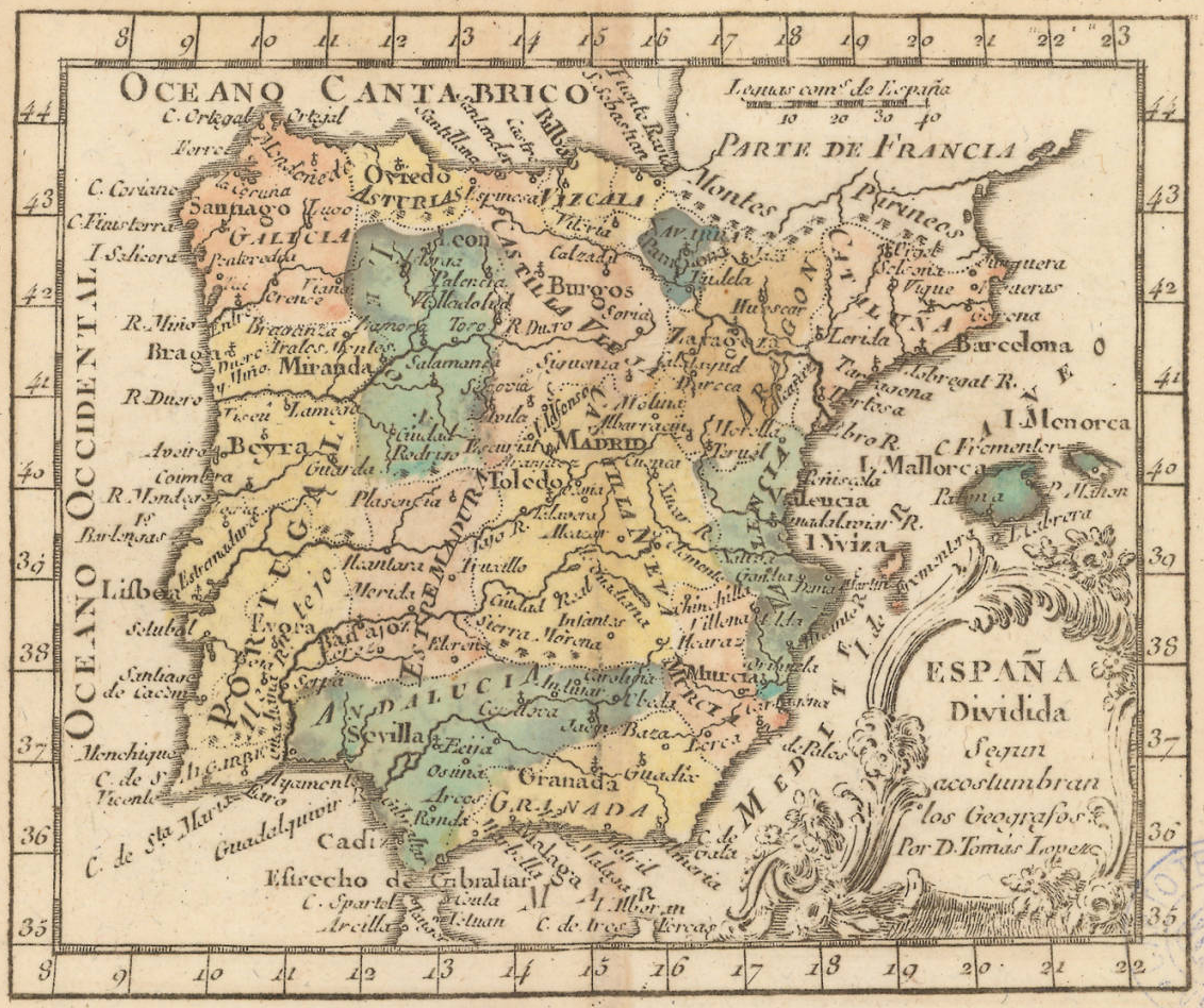 Imatge 7. Mapa de la península ibèrica (1757), obra de Tomas López. Font Institut Cartografic de Catalunya