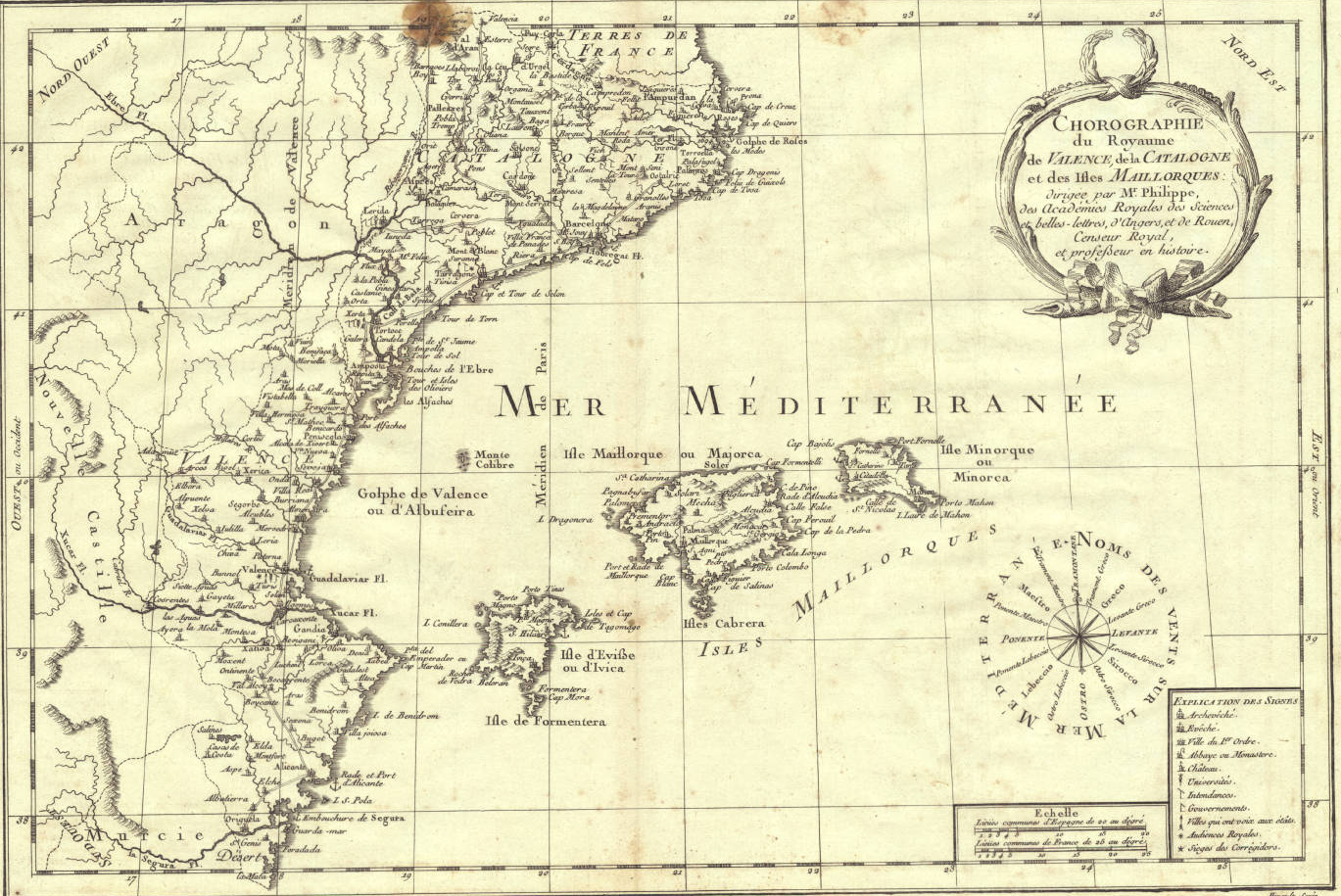 Imatge 8. Primer mapa dels Paisos Catalans (1770), obra de Philippe de Pretot. Font Institut Cartografic de Catalunya