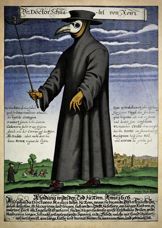 Representació satírica de un médico en un paisaje afectado por la peste (1656). Editado y publicado por Paul Furst. Fuente Wikimedia Commons