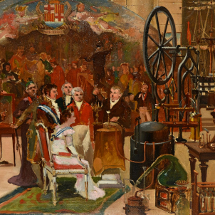 Test 96. La Casa de la Llotja. Representació de la visita de Ferran VII i Amàlia a les escoles professionals de la Casa de la Llotja (1827), obra d'Emili Casals. Font MUHBA Test 96. La Casa de la Llotja. Representació de la visita de Ferran VII i Amàlia a les escoles professionals de la Casa de la Llotja (1827), obra d'Emili Casals. Font MUHBA