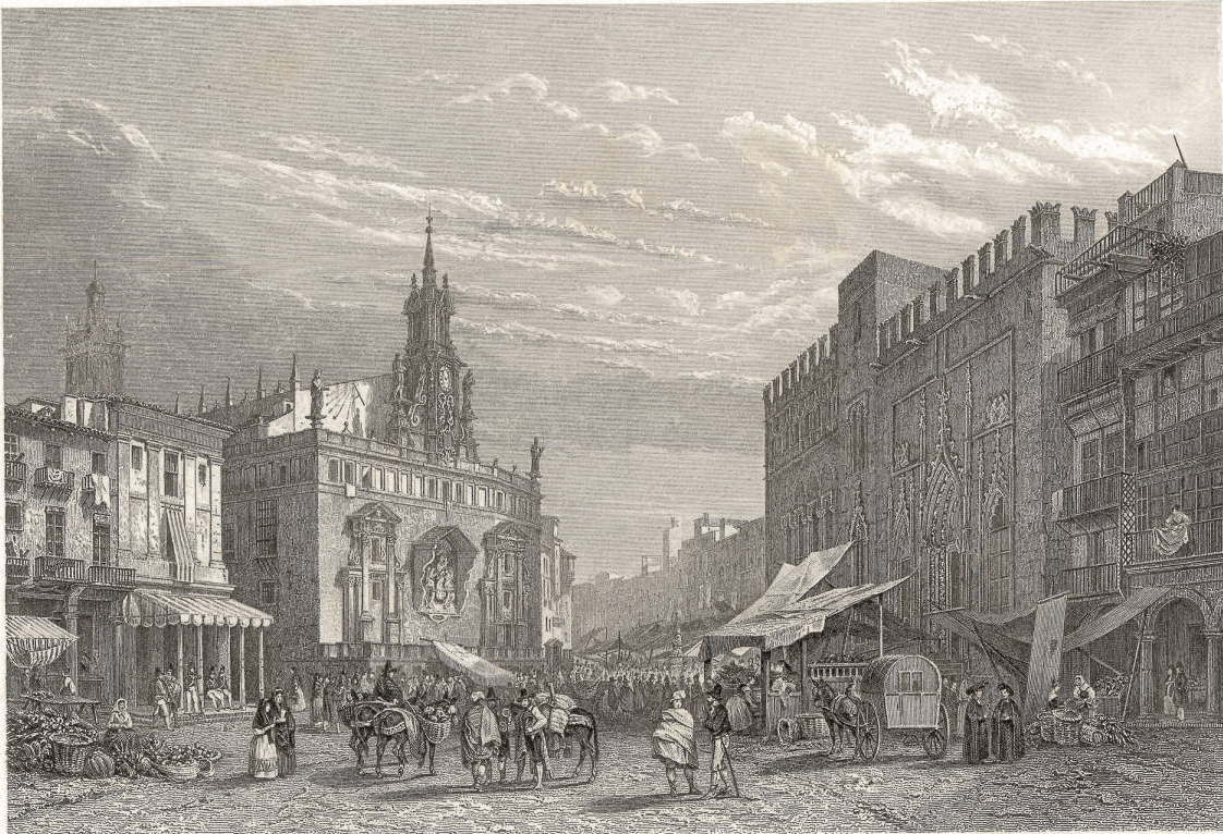 Grabado de València (1840). Plaça del Mercado. Fuente Cartoteca de Catalunya