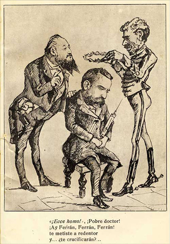 Caricatura de Ferran (centre), Alfons XII (dreta) i Romero Robredo (esquerra), publicada a La Moma (1885). Font Galeria de Metges Catalans