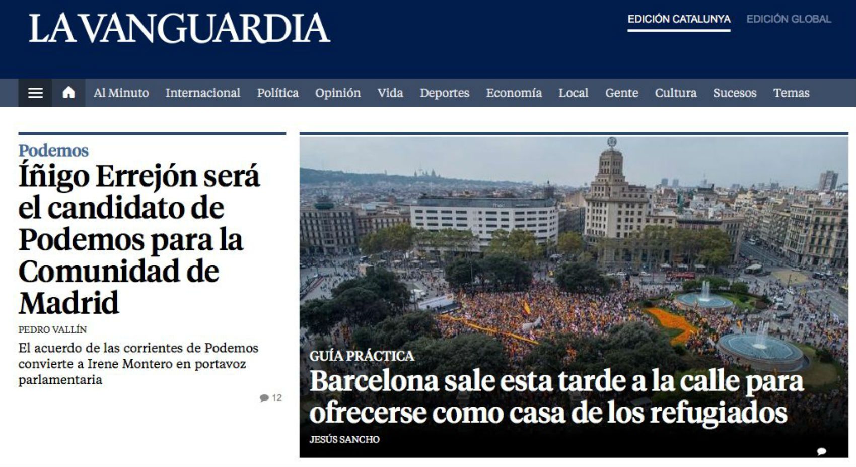 'La Vanguardia' ilustra la manifestación de los refugiados con una fotografía del 12-O