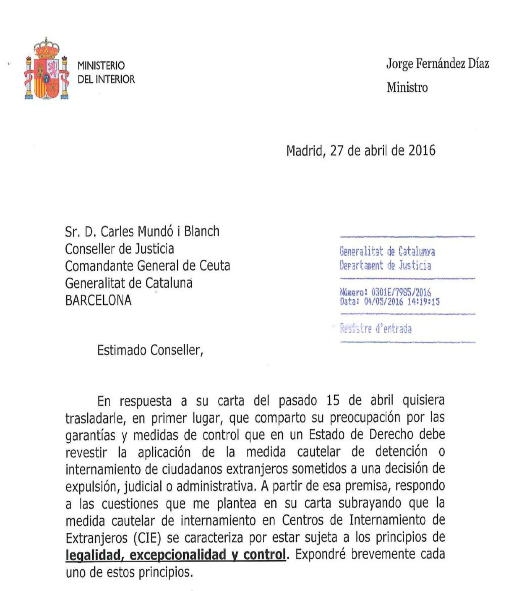 Pifia del ministerio del Interior: el conseller Mundó, "comandante general de Ceuta"