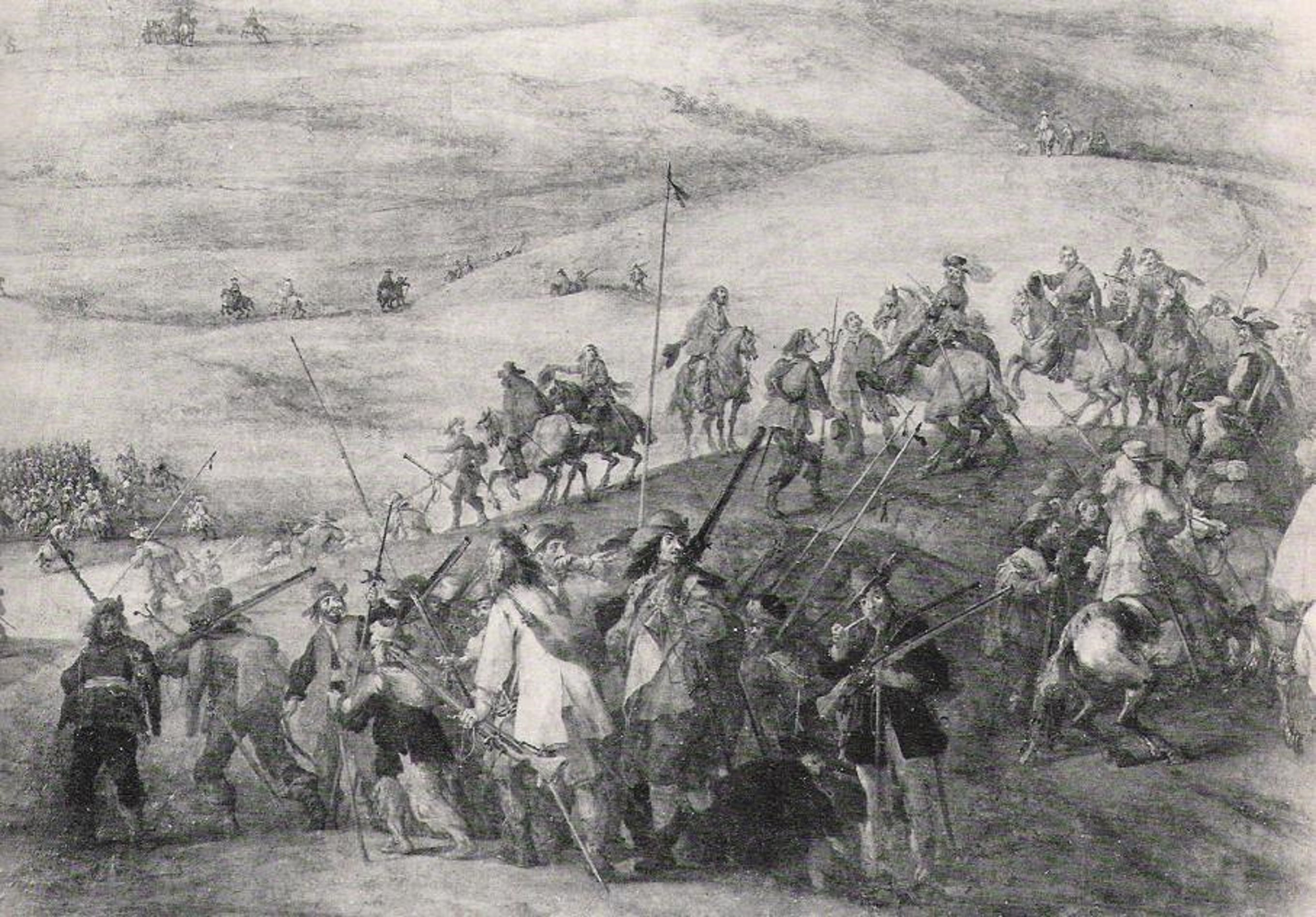 Grabado anónimo del movimiento de tropas durante la Guerra de los Segadores (circa 1650). Font Wikimedia