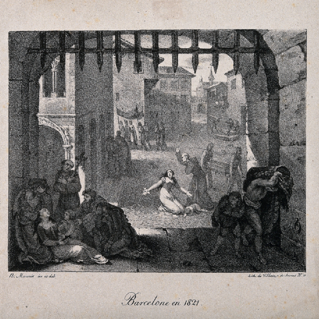 Gravat que representa la febre groga a Barcelona (1821). Font Wikimedia Commons