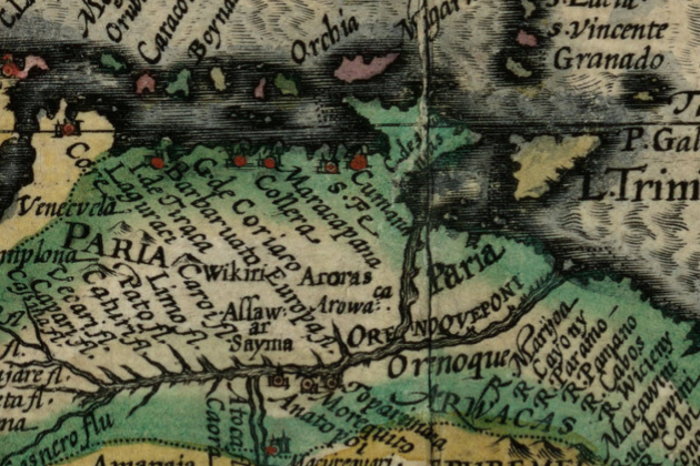 Fragmento de un mapa d'Amèrica del sur (1606) obra de Mercator. La zona de color verde estaría donde se crearía Nueva Cataluña. Fuente Cartoteca de Catalunya