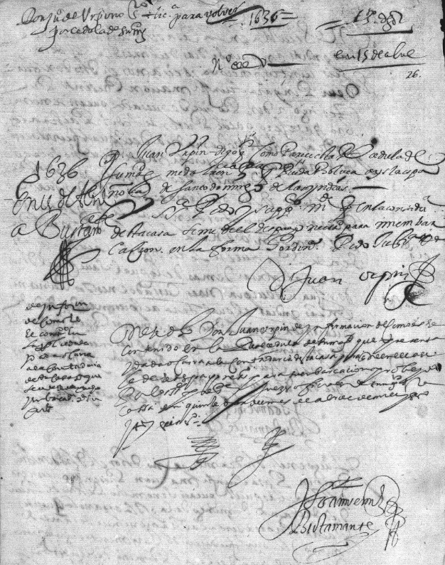Autorització a favor de Juan Urpin para viajar de Araya en Santo Domingo (1636). Font Archivo General de Indias