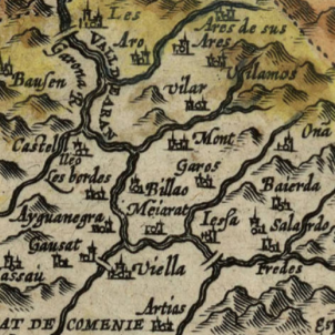 Test 105. El país d'Aran. Mapa d'Aran (1608), fragment d'un mapa de Catalunya. Font Cartoteca de Catalunya Test 105. El país d'Aran. Mapa d'Aran (1608), fragment d'un mapa de Catalunya. Font Cartoteca de Catalunya