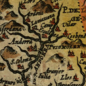 Test 106. El Principat d'Andorra. Mapa d'Andorra. Fragment d'una mapa de Catalunya (1608), obra de Jan Vrients. Font Cartoteca de Catalunya Test 106. El Principat d'Andorra. Mapa d'Andorra. Fragment d'una mapa de Catalunya (1608), obra de Jan Vrients. Font Cartoteca de Catalunya