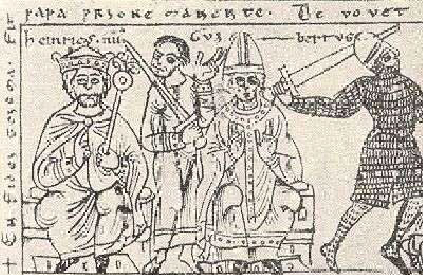 El emperador Enrique IV y el anti papa Clemente III. Fuente Wikimedia Commons