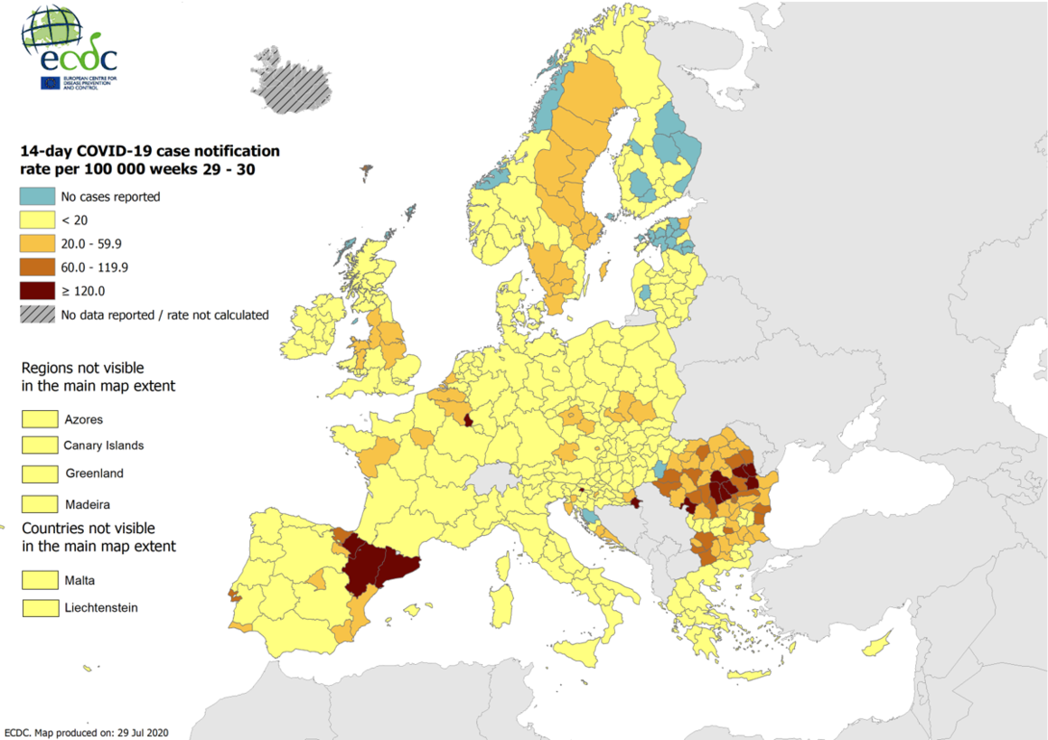 mapa rebrotes|retoños coronavirus europa - ecdc