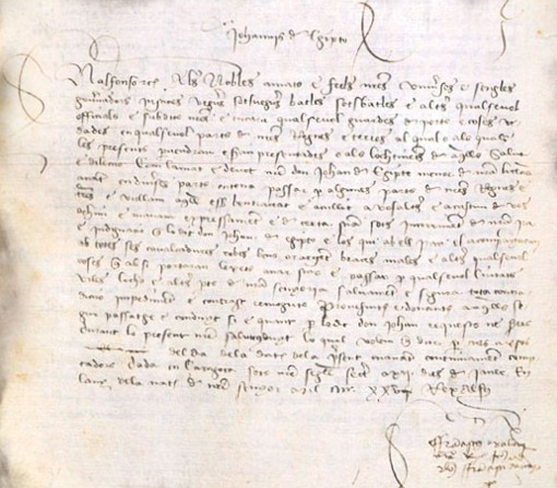 Salvoconducto de Alfonso V a favor de Joan de Egipto (1425). Fuente Archivo de la Corona de Aragón