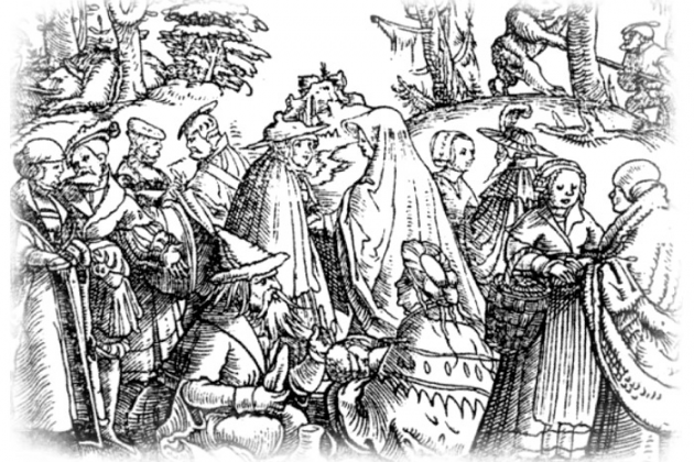 Representació de gitanos endevinaires llegint la mà, a Munster (1544). Font Museu Virtual del Poble Gitano a Catalunya