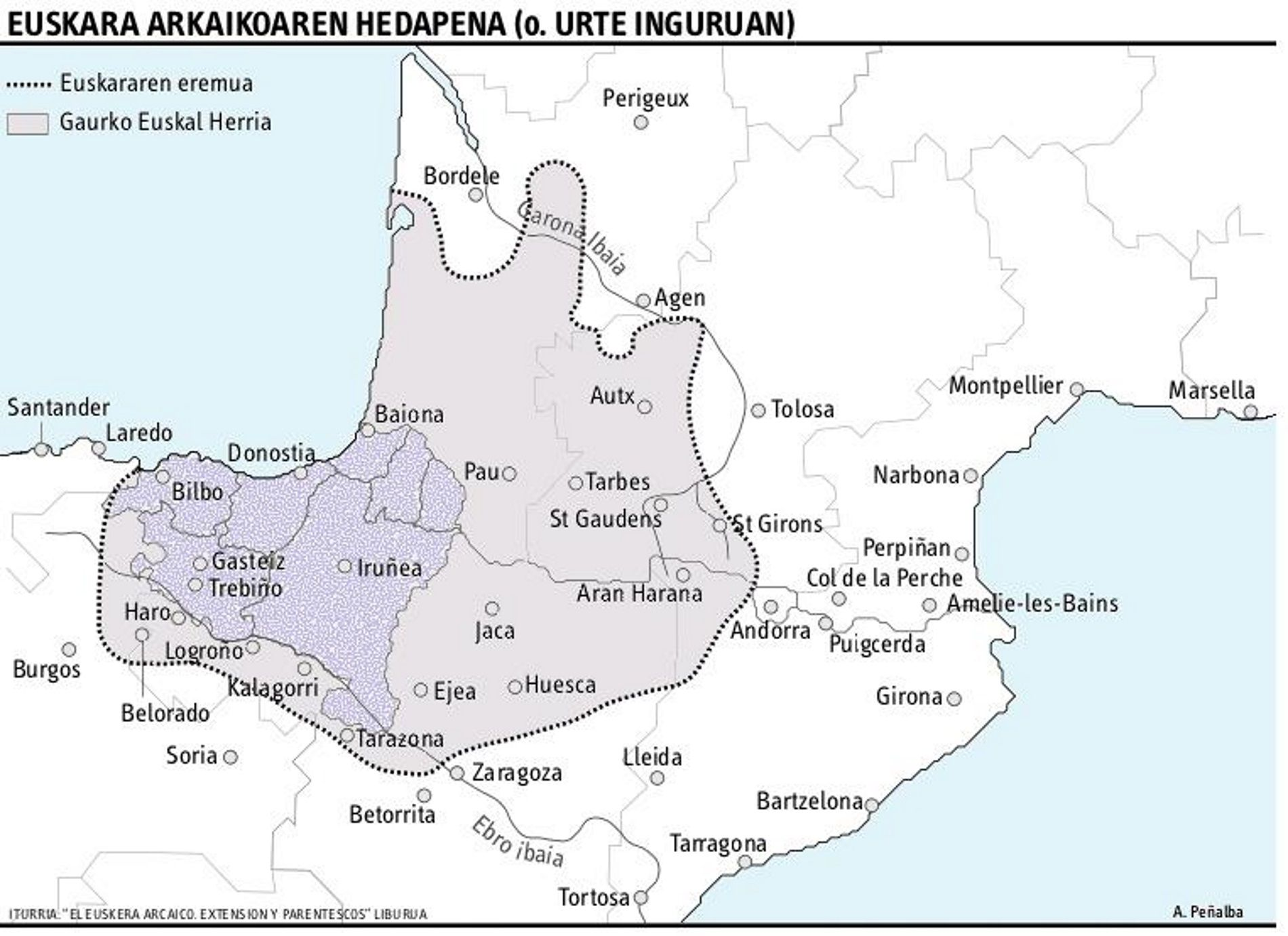 Mapa de l'expansió y retrocès de la lengua y cultura vasca. Font Nabarralde