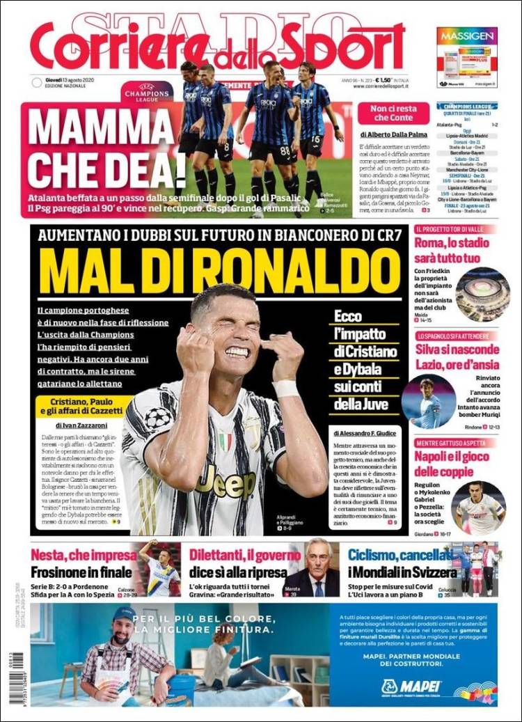 Corriere dello Sport Portada 13 08 2020