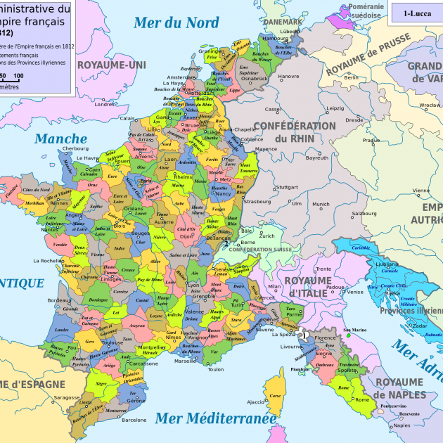 Nace Napoleó Bonaparte, emperador de los franceses y de los catalanes. Mapa del Primer Imperio francès. Fuente Wikipedia France