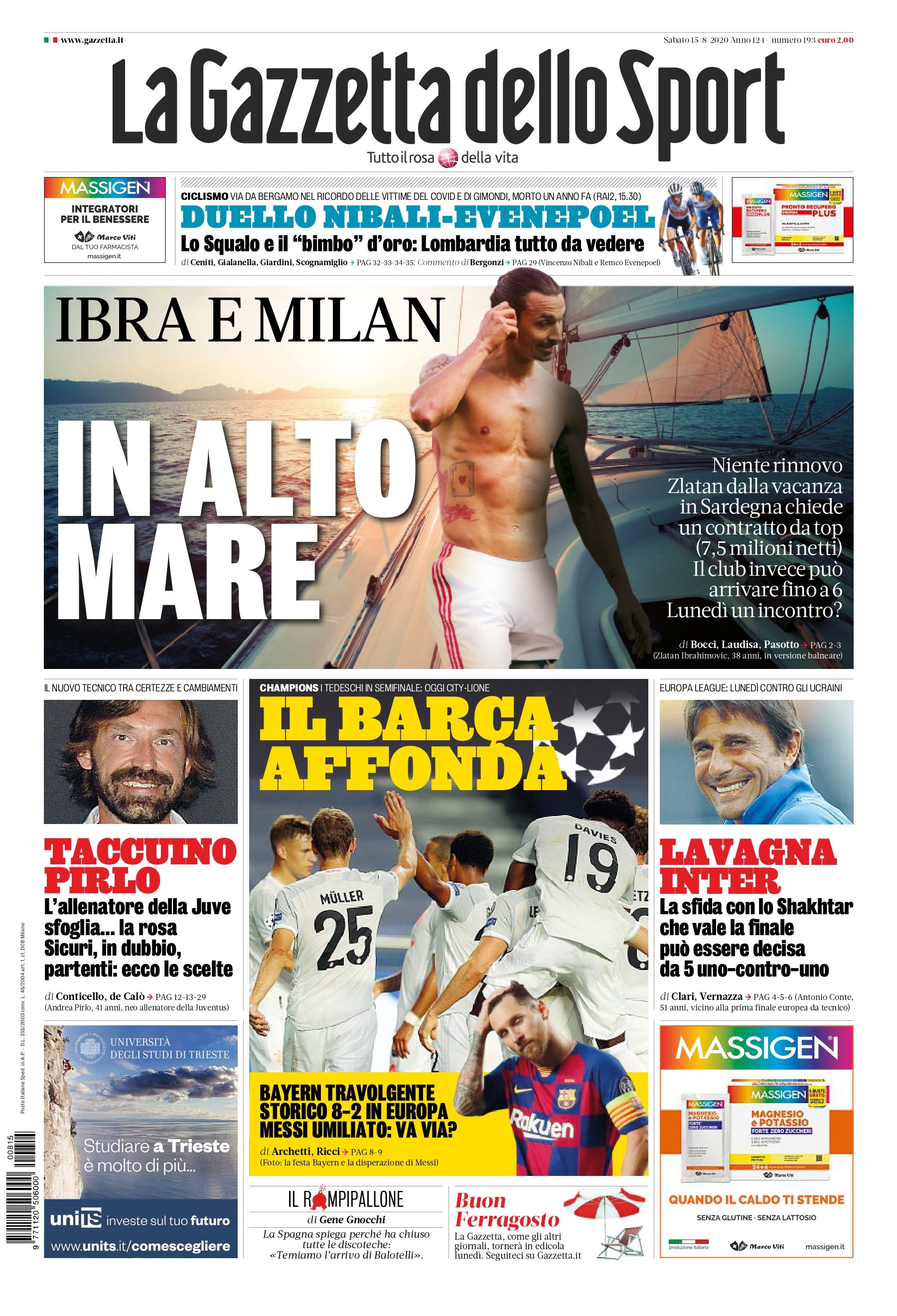 La Gazzeta dello Sport Portada 15 08 2020