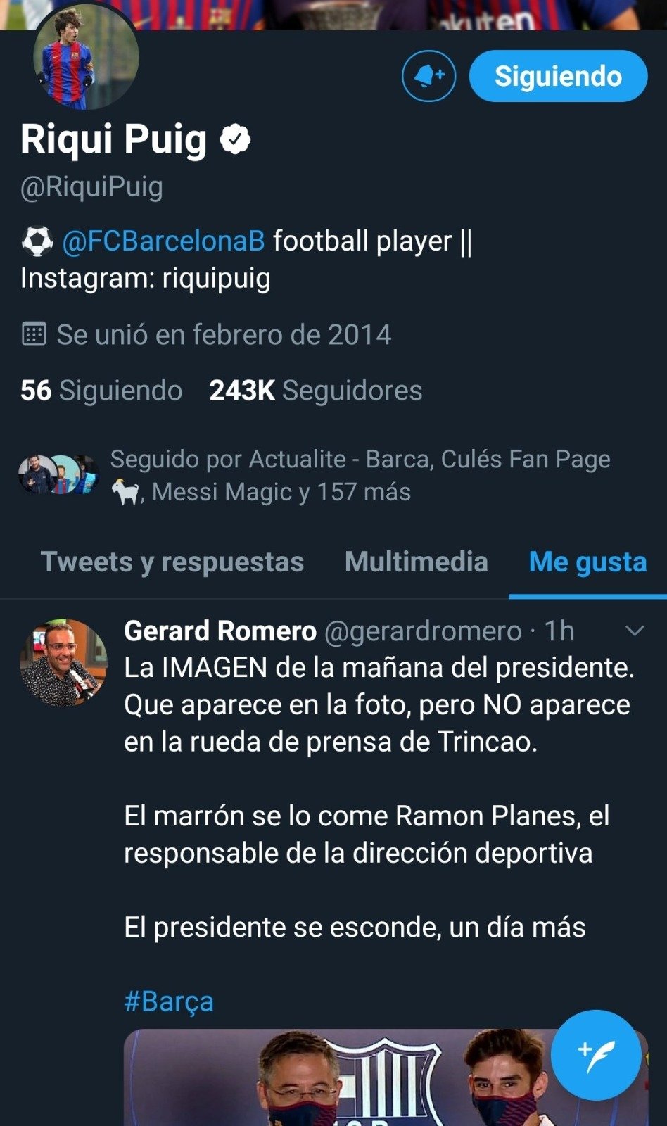 Riqui Puig Twitter Bartomeu Messi