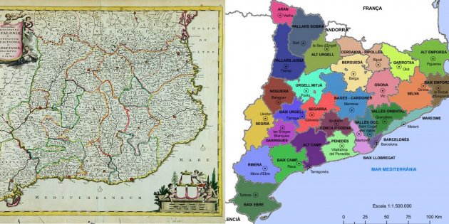 Mapa de vegueries 1660 i proposta comarcalització Pau Vila 1931 4000x1500. Font Arxiu El Nacional