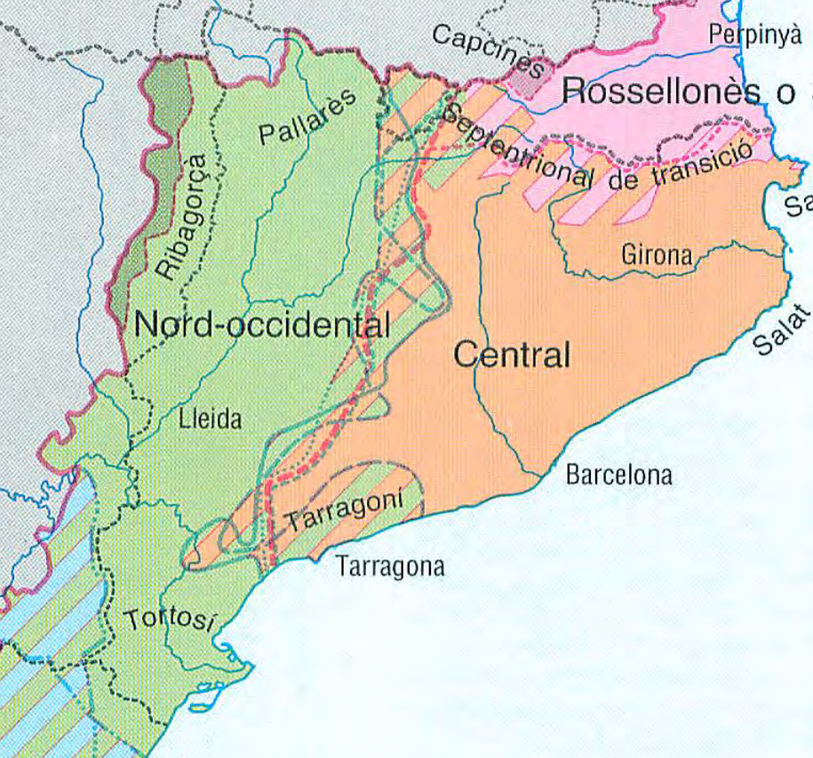 Mapa de los dialectos actuales del català en el Principado. Fuente Atlas Lingustic Català (Veny y Pujol). Instituto de Estudios Catalanes