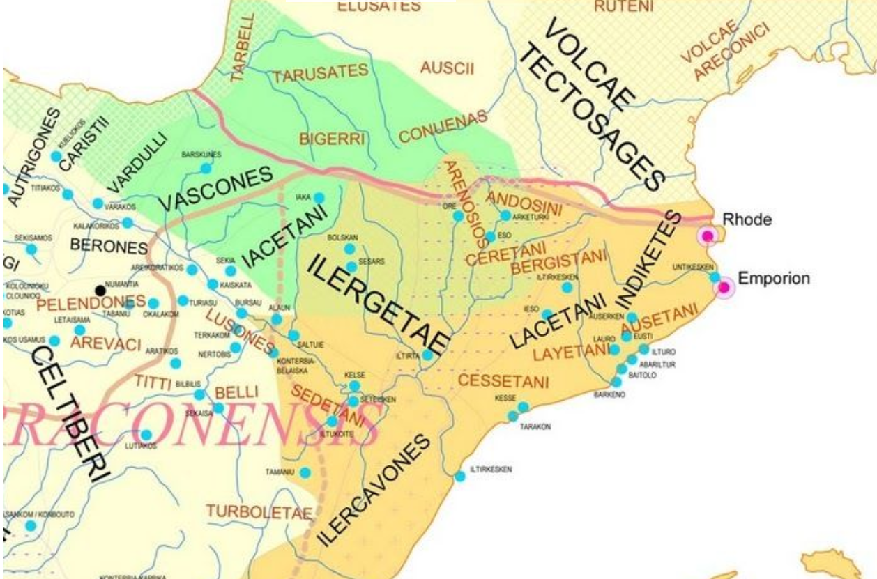 Fragment del mapa de pobles pre romans a la península ibèrica. L'àrea puntejada correspon als pobles mestissos basco ibèrics.  Font Universitat de Lisboa
