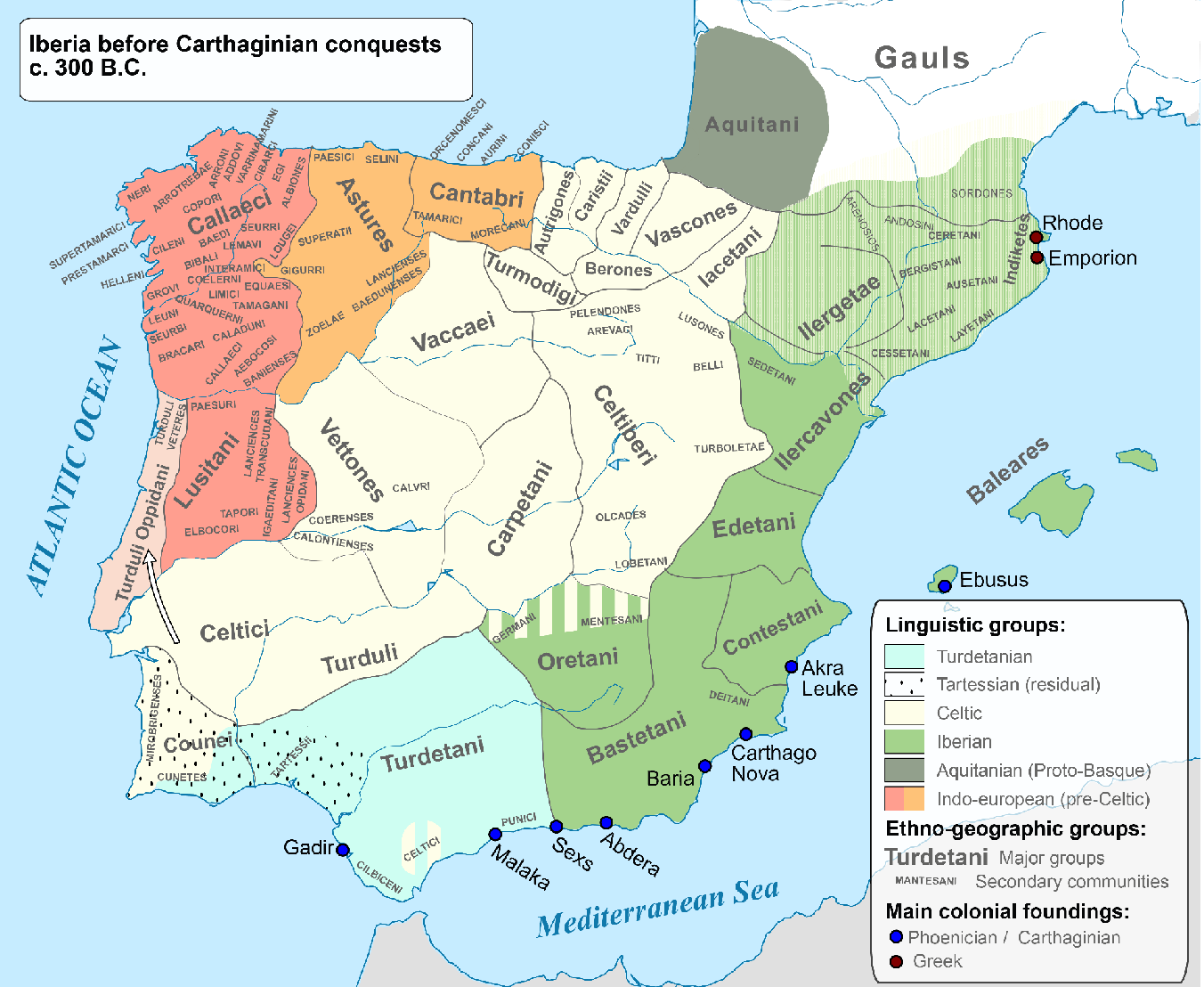 Mapa dels pobles pre romans peninsulars. En verd clar, els nord ibèrics. Font Indo European, Languages, Cultures & Peoples