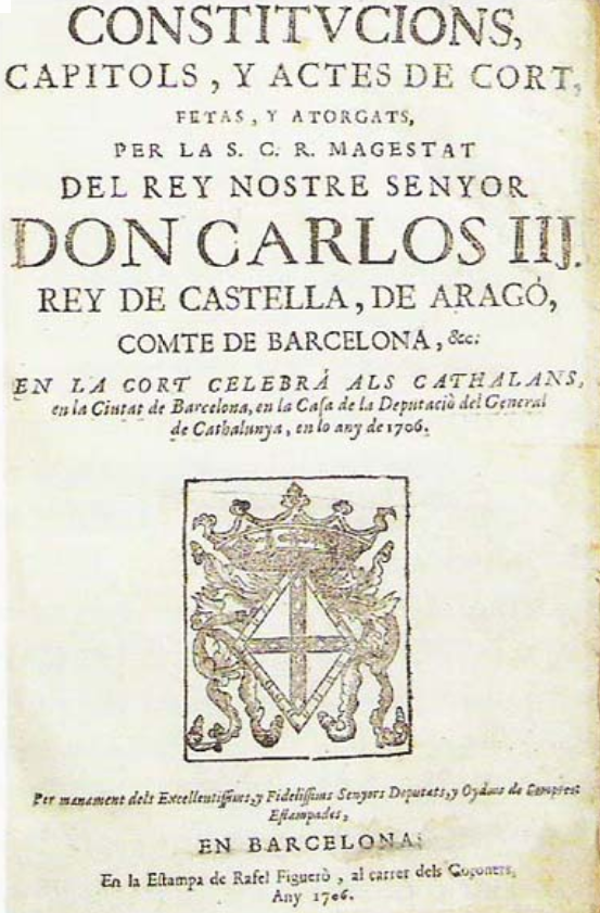 Portada de las Constituciones de Catalunya de 1705. Font Viquipedia